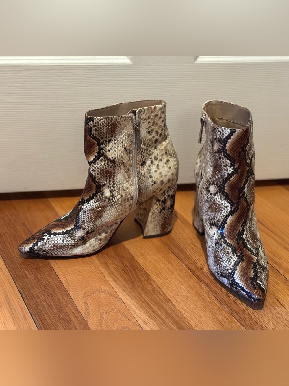 Charles by Charles David Snake-Print Ankle Boots in Brown & Beige